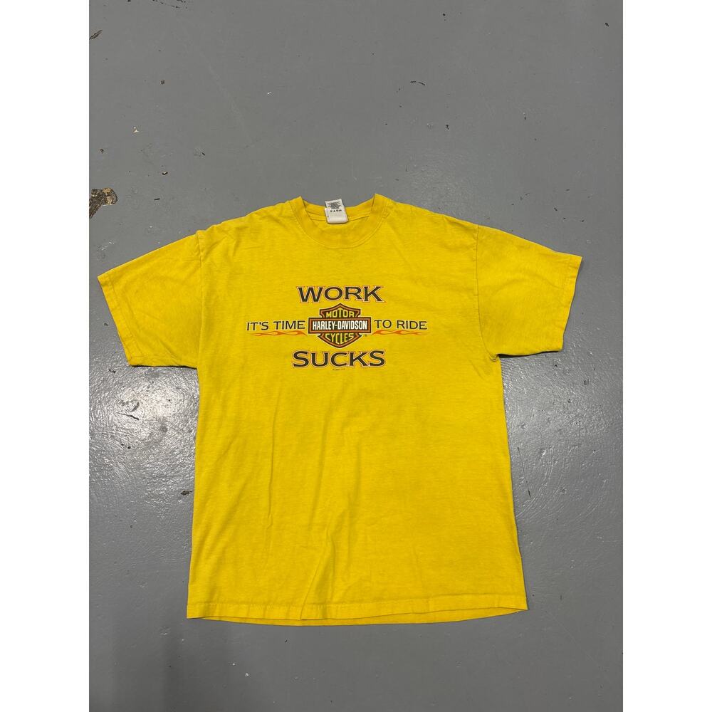 Vintage Harley Davidson Work Sucks It's Time To Ride Yellow Biker Graphic Tee XL
